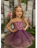 Beaded Purple Tulle Knee Length Heart Back Flower Girl Dress